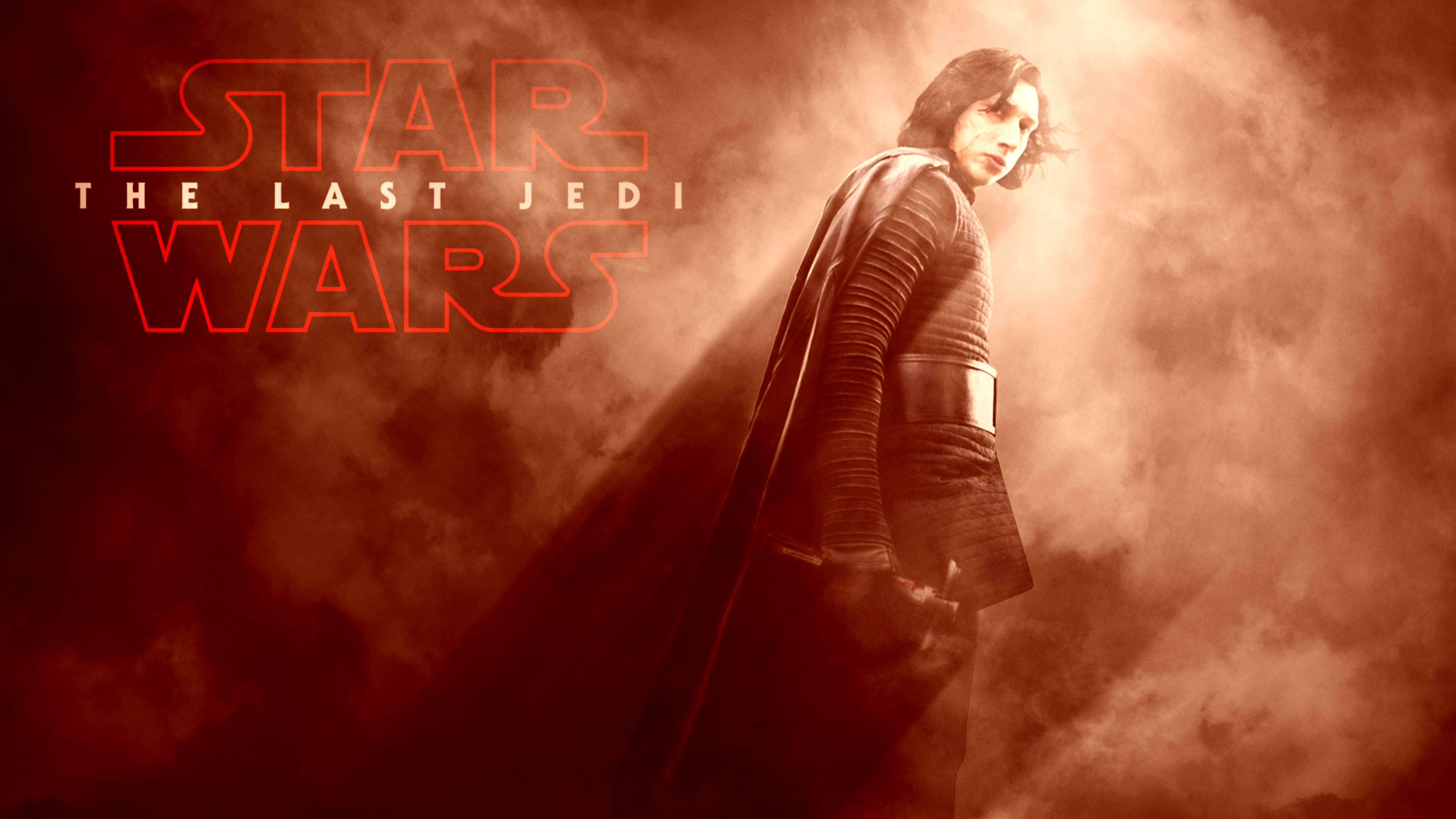 Kylo Ren 桌布 壁紙 — 凱羅·忍站在煙霧般的紅光中，背後閃耀著《星際大戰：最後的絕地武士》的標題。