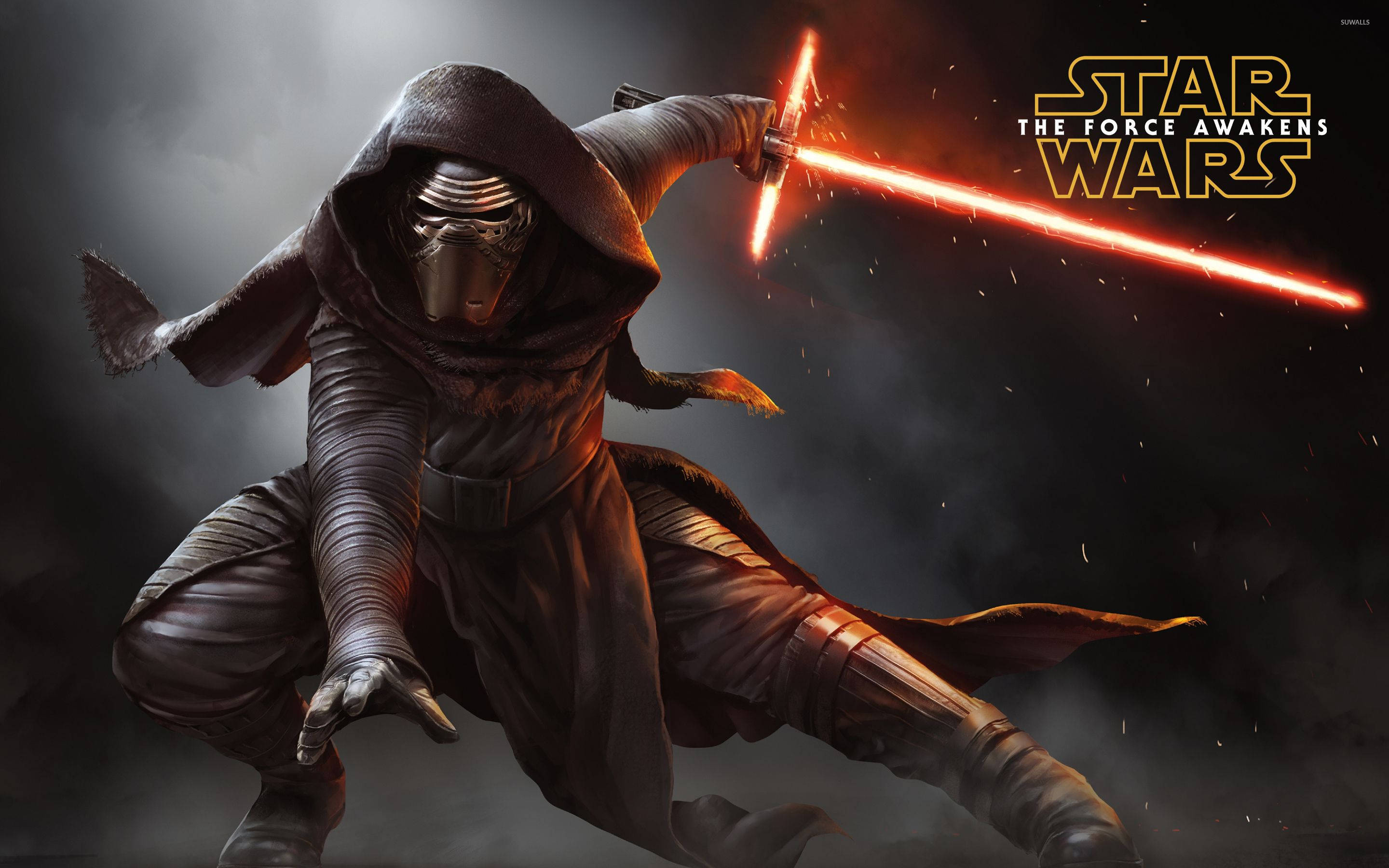 Kylo Ren 桌布 壁紙 — 凱羅·忍身穿暗色長袍，在煙霧瀰漫的戰場背景下揮舞著發光的紅色光劍向前衝刺。