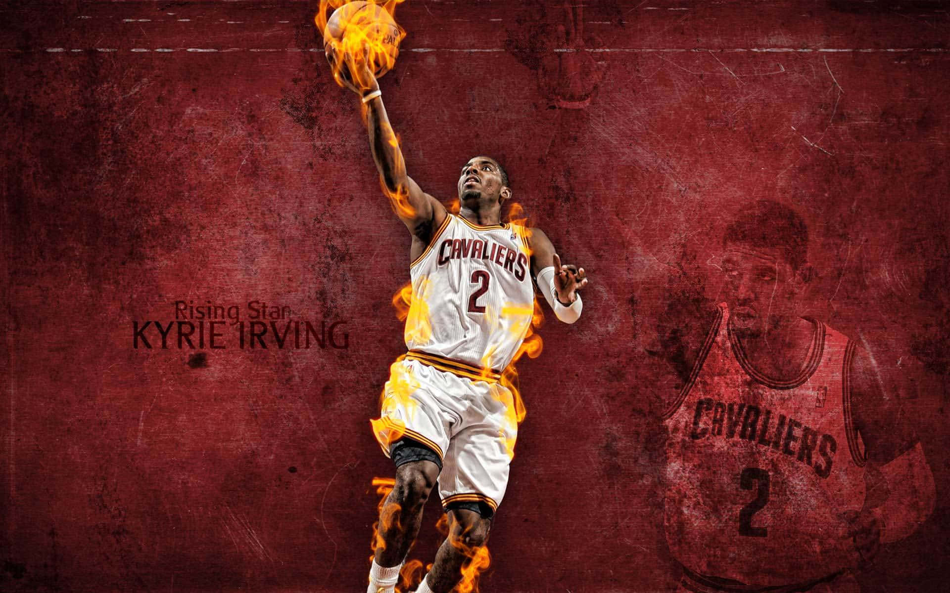 Kyrie Irving Cool 桌布 壁紙 — 凱里·厄文穿著白色騎士隊球衣，手持燃燒的籃球，在紋理紅色背景上跳躍。