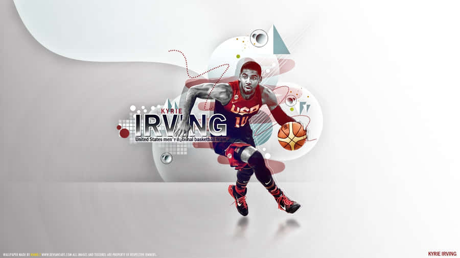 Kyrie Irving Cool 桌布 壁紙 — 凱里·厄文穿著紅色美國球衣，在帶有幾何形狀和運動線條的風格化抽象背景前運球。