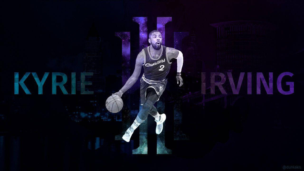 Kyrie 桌布 壁紙 — 凱里·厄文穿著騎士隊球衣，在黑暗的城市天際線背景下運球，周圍有發光的紫色和藍色霓虹燈。
