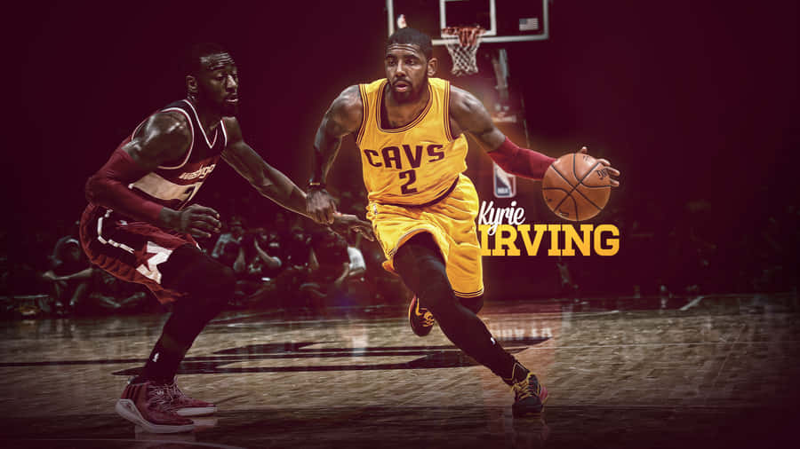 Kyrie Irving Cool 桌布 壁紙 — 凱里·厄文穿著黃色騎士隊球衣，在場館燈光下激烈的籃球比賽中運球越過防守球員。