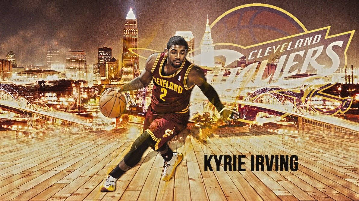 Kyrie 桌布 壁紙 — 凱里·厄文身穿克里夫蘭騎士隊球衣，在木地板上運球，背景是夜晚發光的城市天際線。