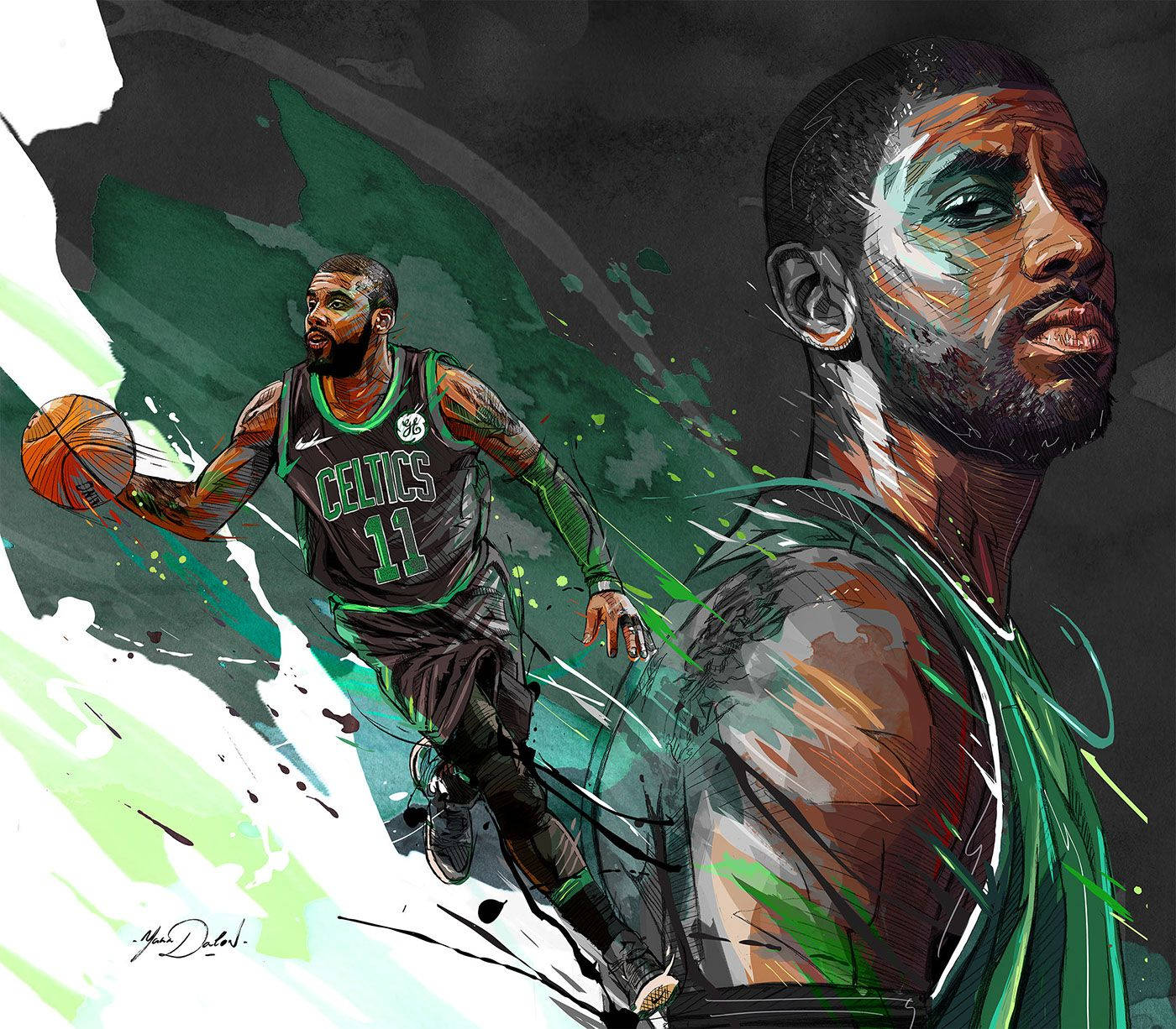 Kyrie 桌布 壁紙 — 凱里·厄文身穿塞爾提克球衣，在強烈的綠色和黑色潑濺背景中運球的動態數位插圖。