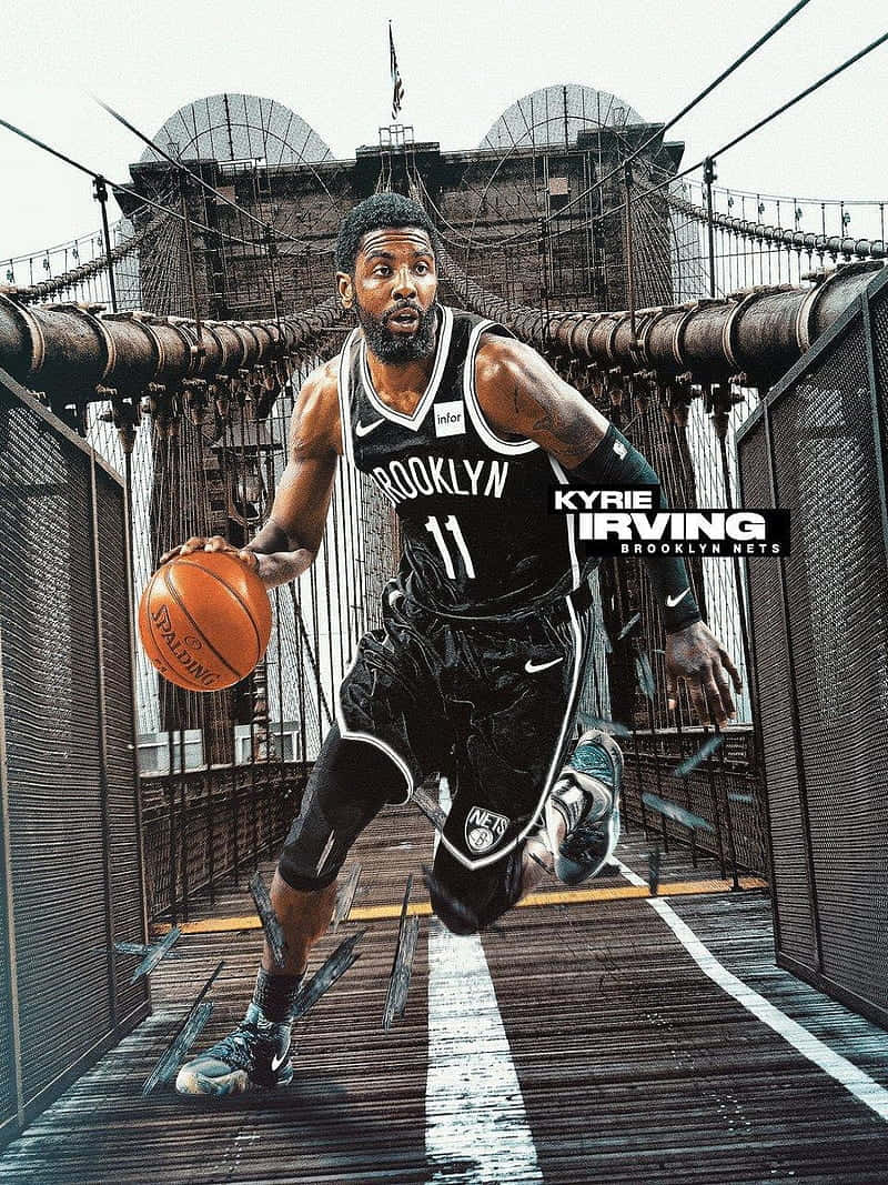 Kyrie Irving Nets 桌布 壁紙 — 凱里·厄文身穿布魯克林籃網球衣，在布魯克林大橋上運球奔跑，帶有動態模糊和戲劇性燈光效果。