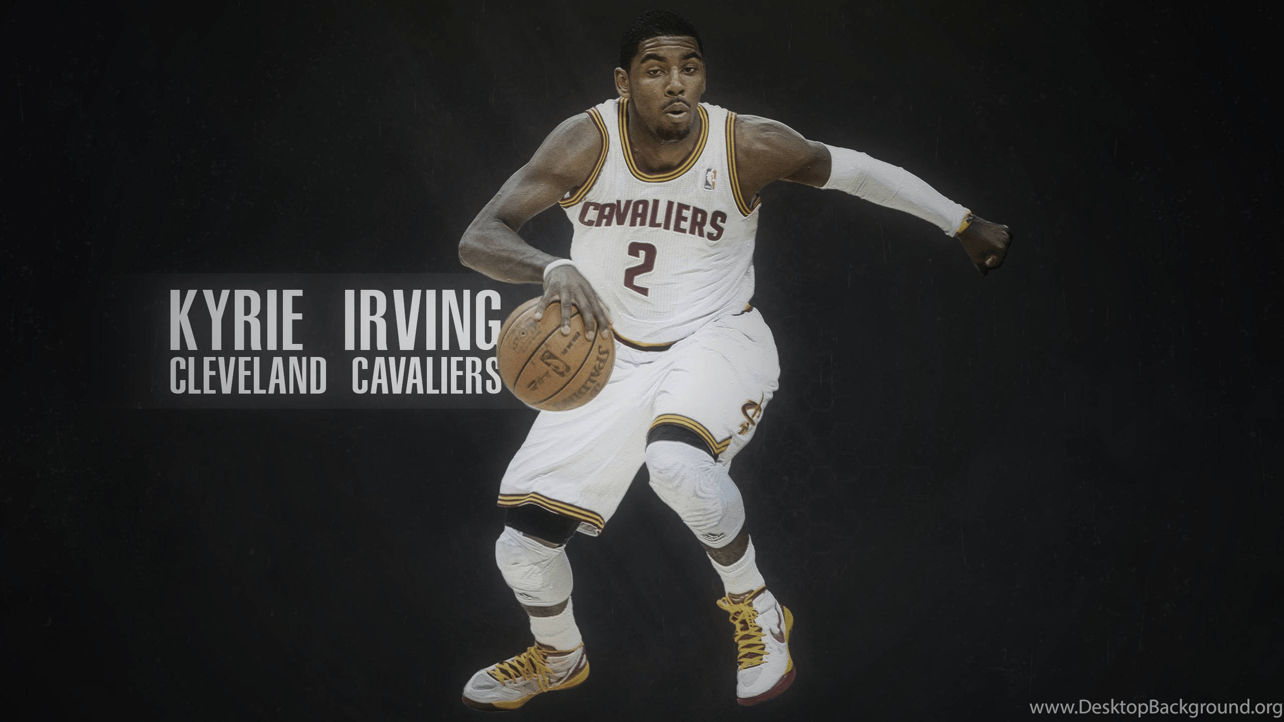 Kyrie 桌布 壁紙 — 凱里·厄文身穿白色騎士隊球衣，在深色背景上運球，並帶有粗體文字覆蓋。