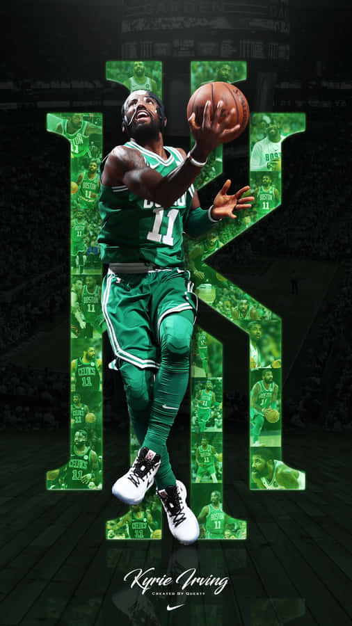 Kyrie Irving Cool 桌布 壁紙 — 凱里·厄文身穿綠色塞爾提克球衣，動態跳躍持球，被一個巨大的發光綠色 'K' 框住，裡面充滿了他的動作照片。