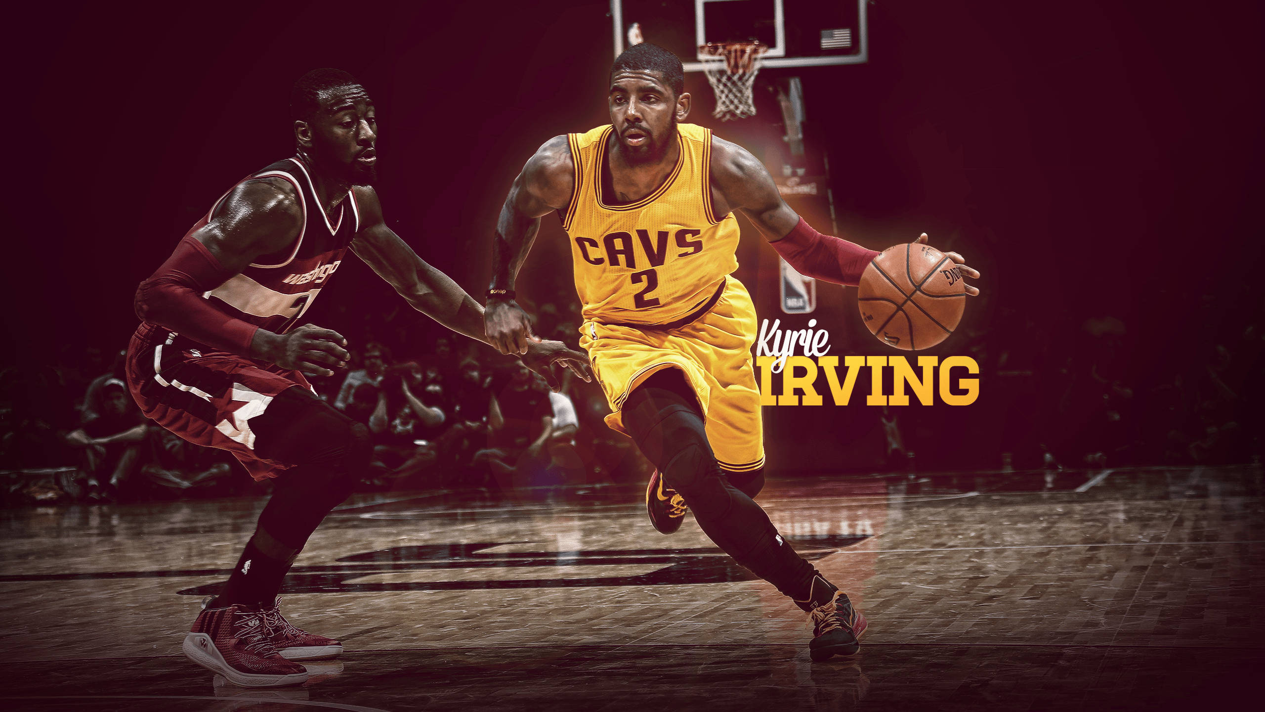 Kyrie 桌布 壁紙 — 凱里·厄文身穿黃色騎士隊球衣，在場館燈光下於激烈的籃球比賽中運球越過防守者。