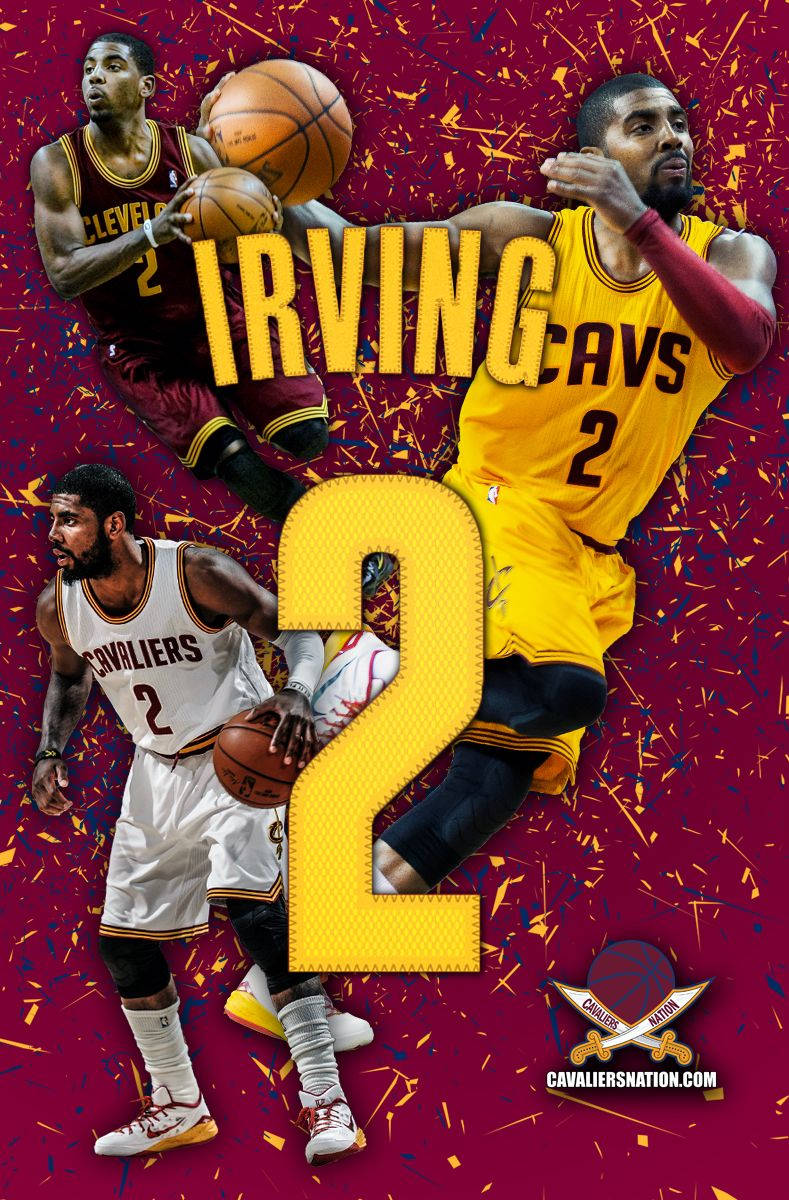 Kyrie 桌布 壁紙 — 凱里·歐文身穿騎士隊球衣在栗色背景上動態拼貼，金色紙屑和一個大數字二。