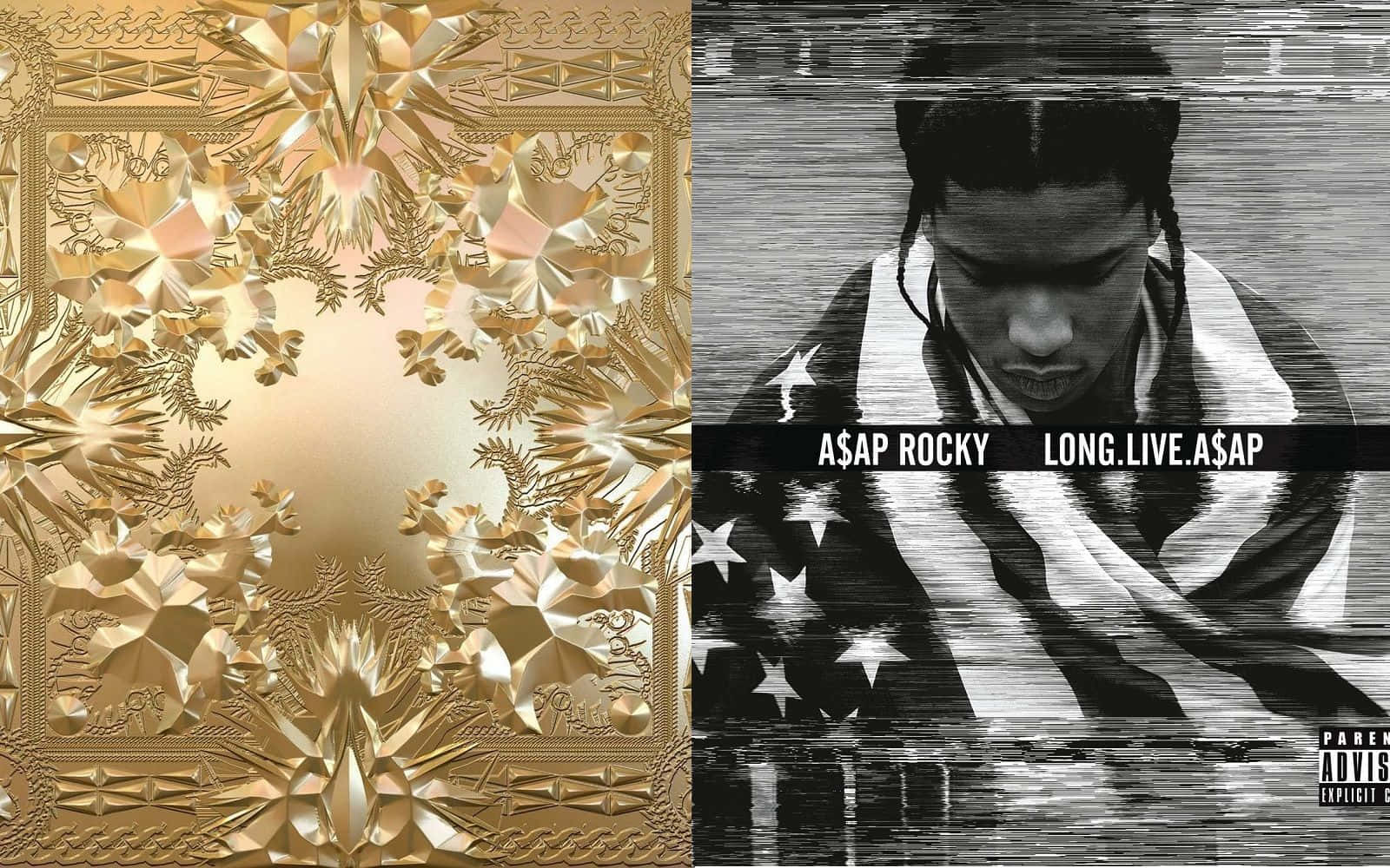 Album Cover 桌布 壁紙 — 分割圖像：左側金色華麗花卉圖案，右側A$AP Rocky黑白肖像包裹在美國國旗中，帶有故障效果。