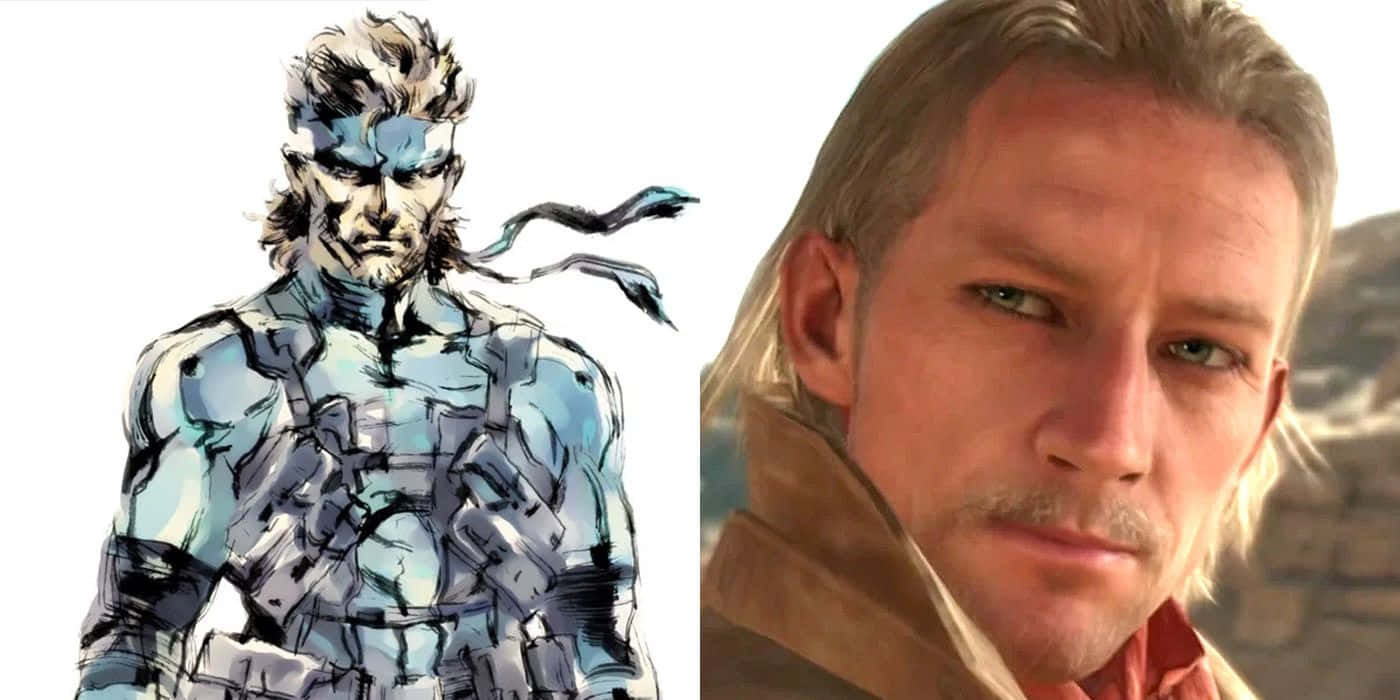 Metal Gear Solid 桌布 壁紙 — 分割圖像，顯示一個風格化的插圖士兵和一個金髮的逼真電子遊戲角色。