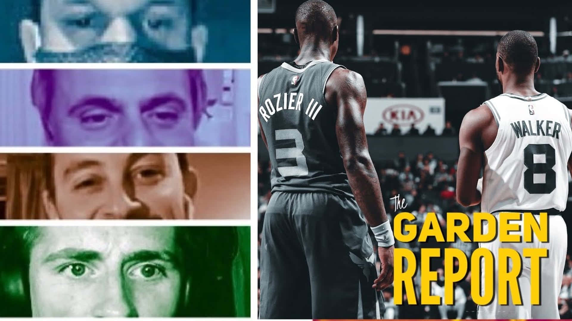 NBA 桌布 壁紙 — 分割圖像拼貼，展示彩色濾鏡下的特寫面孔及兩位籃球運動員在球場上的背面。