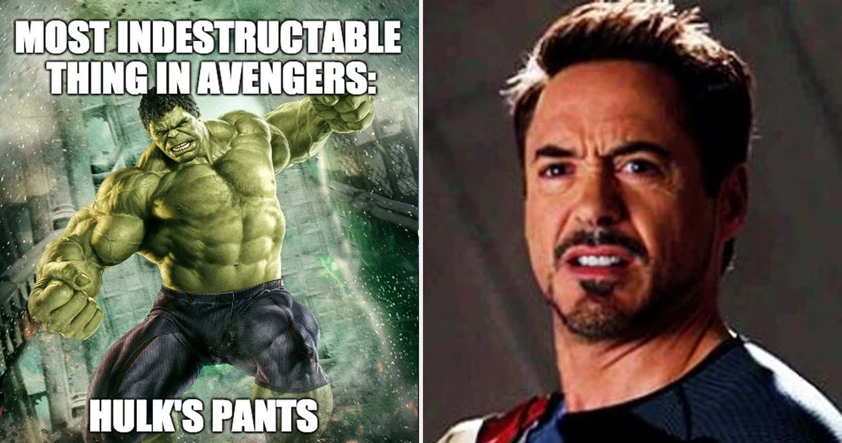 浩克 桌布 壁紙 — 分割圖像迷因，顯示浩克粉碎，文字為「most indestructible thing in avengers」，東尼史塔克震驚地看著「hulks pants」。