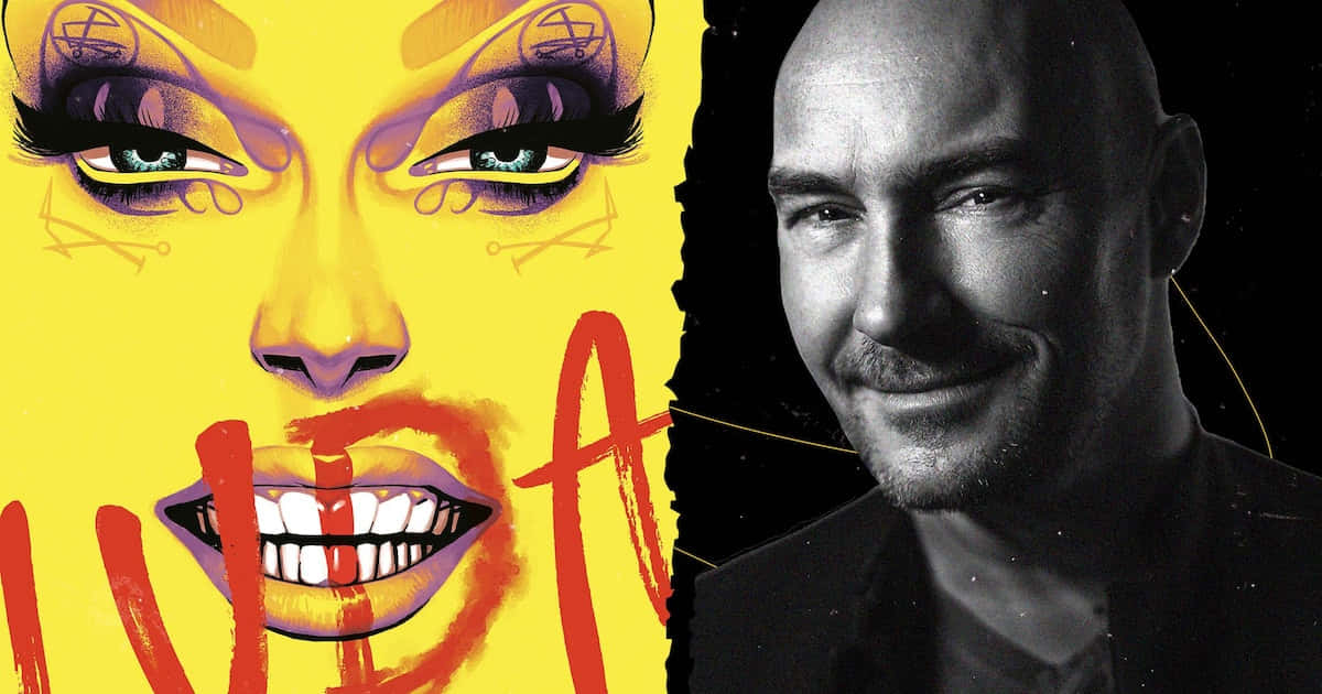 Grant Morrison 桌布 壁紙 — 分割圖像顯示一個充滿活力的黃色漫畫風格女性面孔，帶有鮮明的化妝，旁邊是一個微笑的光頭男性的黑白肖像。