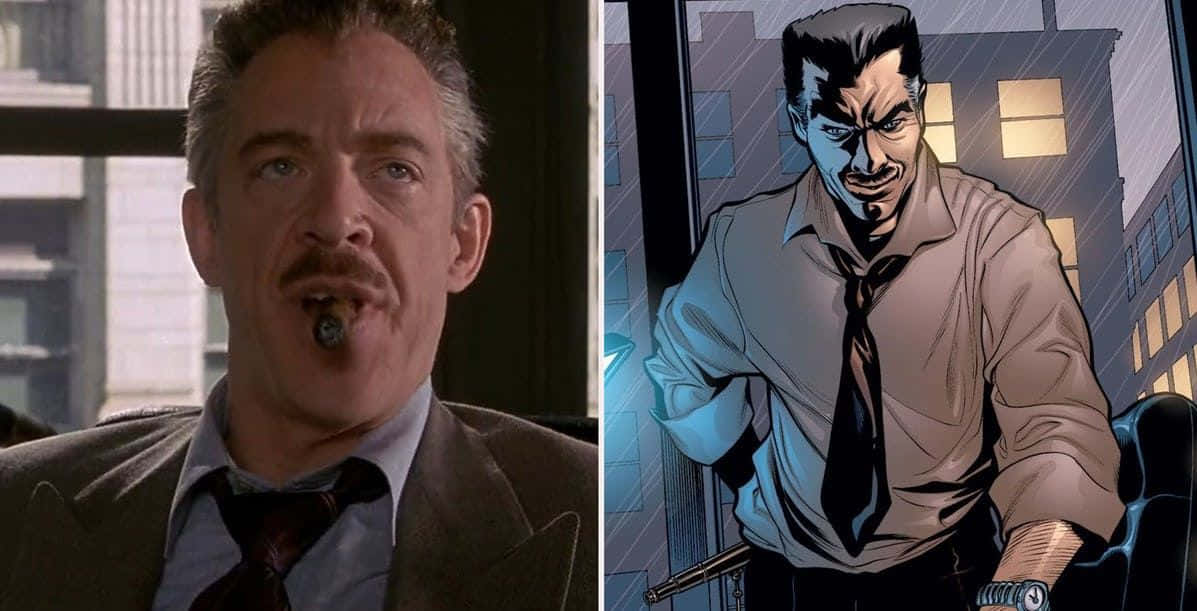J Jonah Jameson 桌布 壁紙 — 分割圖像顯示一個真實的男人嘴裡叼著雪茄，旁邊是他漫畫書中的版本，身處一個被雨水浸透的城市。