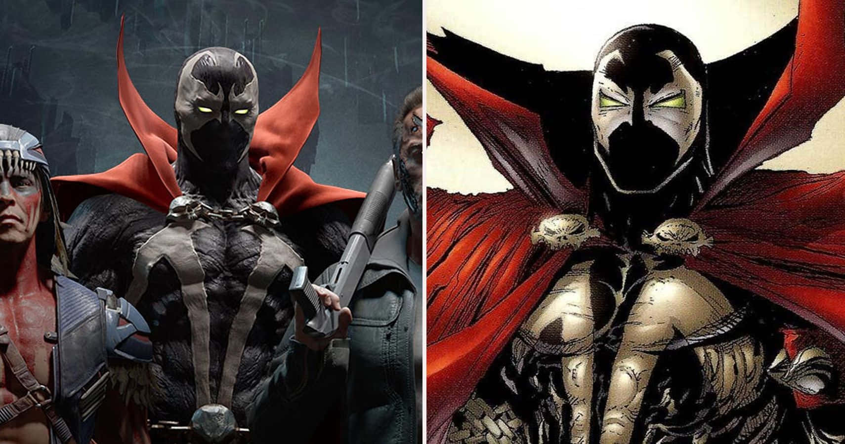 Mortal Kombat 11 Spawn 桌布 壁紙 — 分割圖像顯示一個粗糙的3D渲染吸血鬼獵人，擁有發光的眼睛和紅色斗篷，以及同一個角色的漫畫版本。