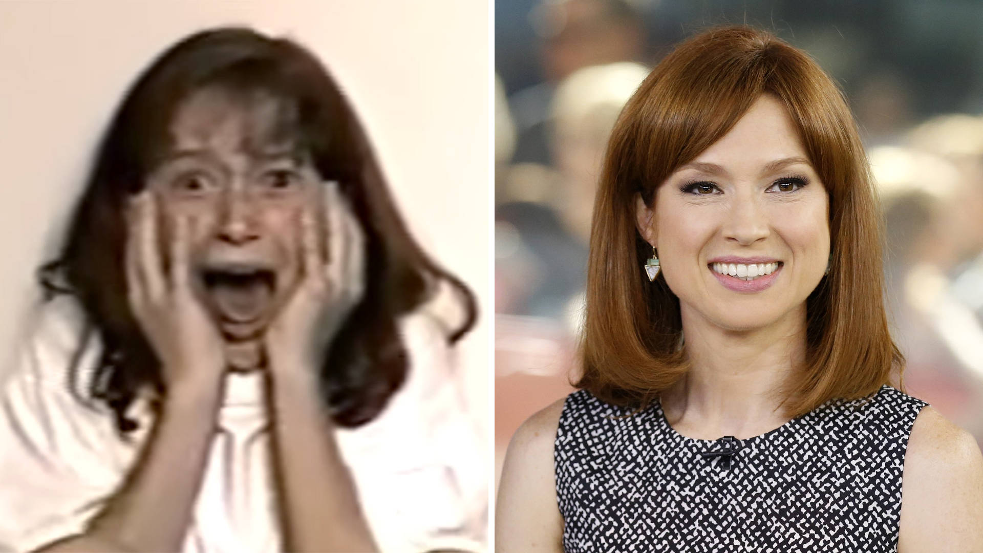 女演員 桌布 壁紙 — 分割圖像顯示一名穿著圖案連衣裙的微笑女子旁邊，一名女子驚恐尖叫。
