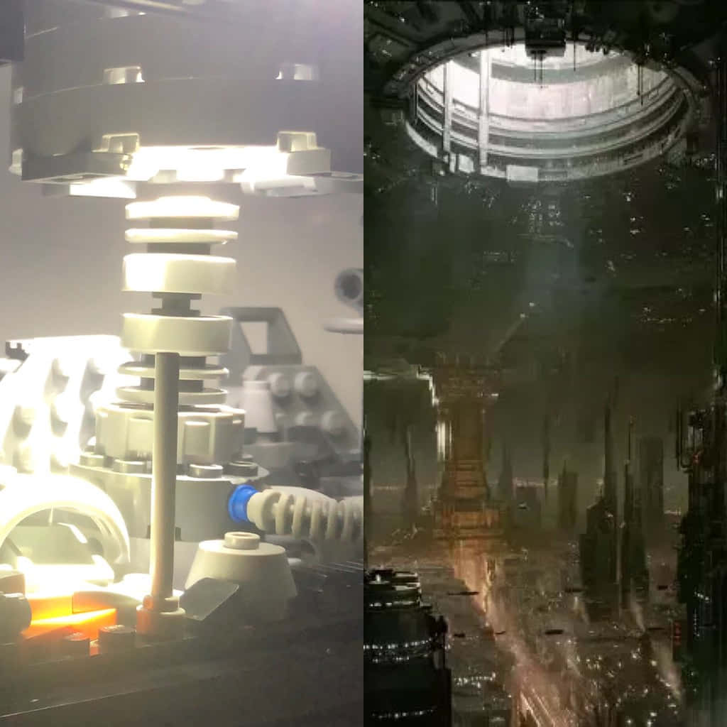 The Coruscant Underworld 桌布 壁紙 — 分割圖片，左側顯示發光的未來機器，右側顯示黑暗多雨的賽博龐克城市景觀。