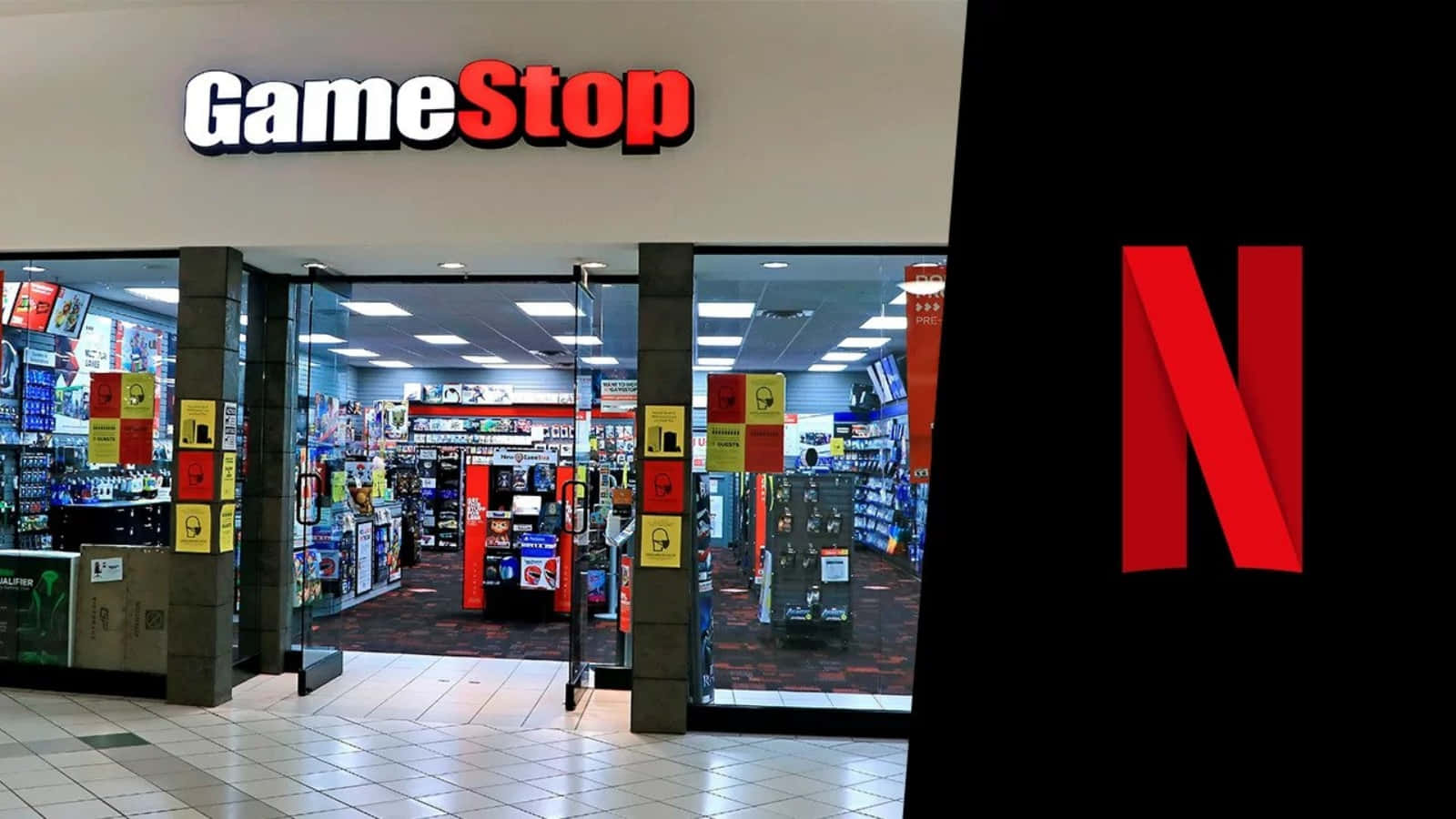 GameStop 桌布 壁紙 — 分割圖片，顯示GameStop商店入口和Netflix標誌，背景為黑色。