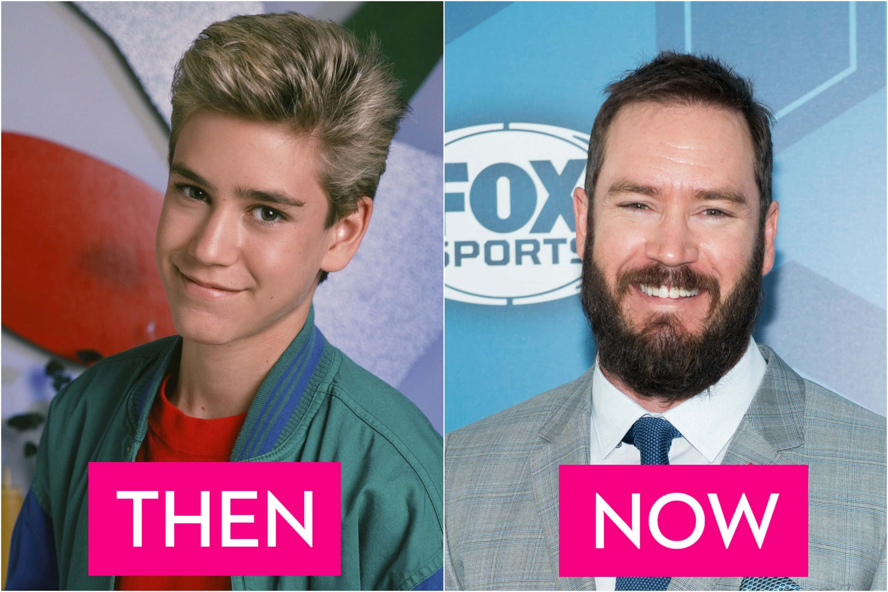 Mark-paul Gosselaar 桌布 壁紙 — 分割圖片，顯示一位年輕男子穿著飛行員夾克，頭髮造型，標籤為「那時」，以及一位成年鬍鬚男子穿著西裝，標籤為「現在」。