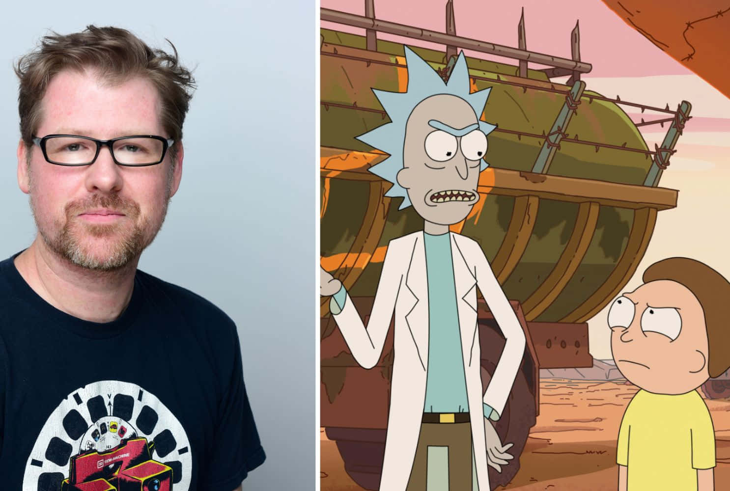 Justin Roiland 桌布 壁紙 — 分割圖片，顯示一名戴眼鏡的男子在沙漠場景中，旁邊是動畫角色瑞克和莫蒂。