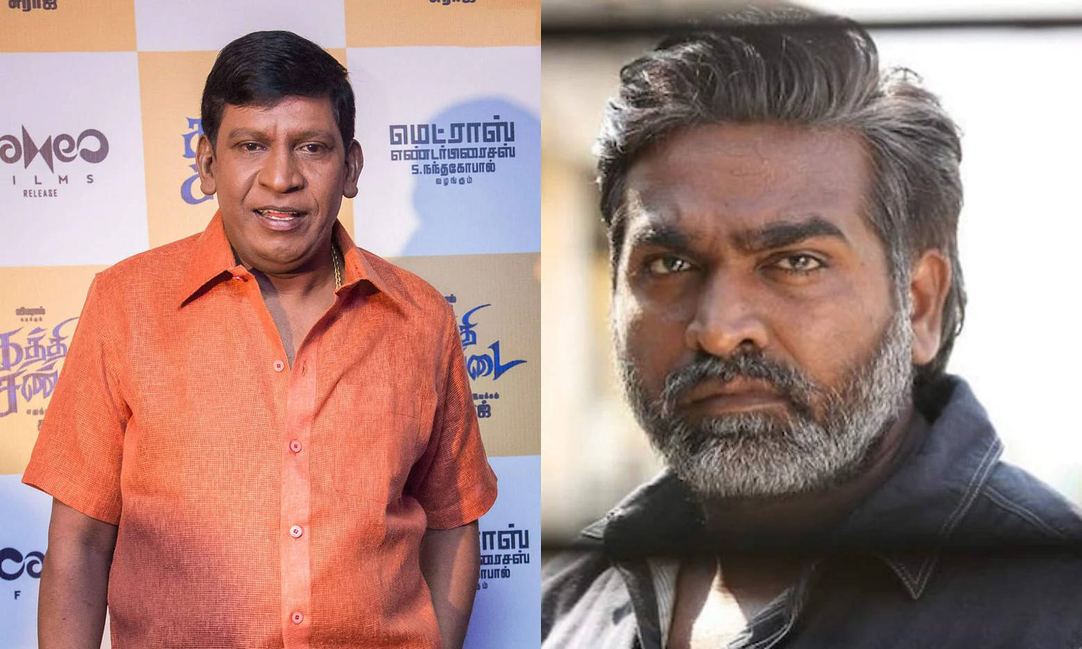 Vadivelu 桌布 壁紙 — 分割圖片，顯示一名穿橙色襯衫的男子在活動中，以及一名留鬍鬚穿深色外套的男子，眼神專注。