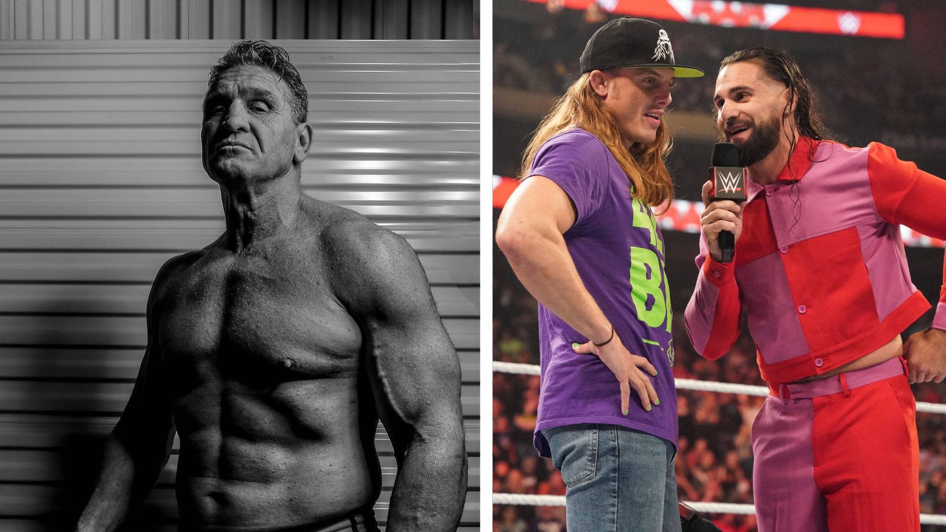 WWE 桌布 壁紙 — 分割圖片：黑白肖像，肌肉男在條紋牆前，以及兩名WWE摔角手在擂台上手持麥克風。