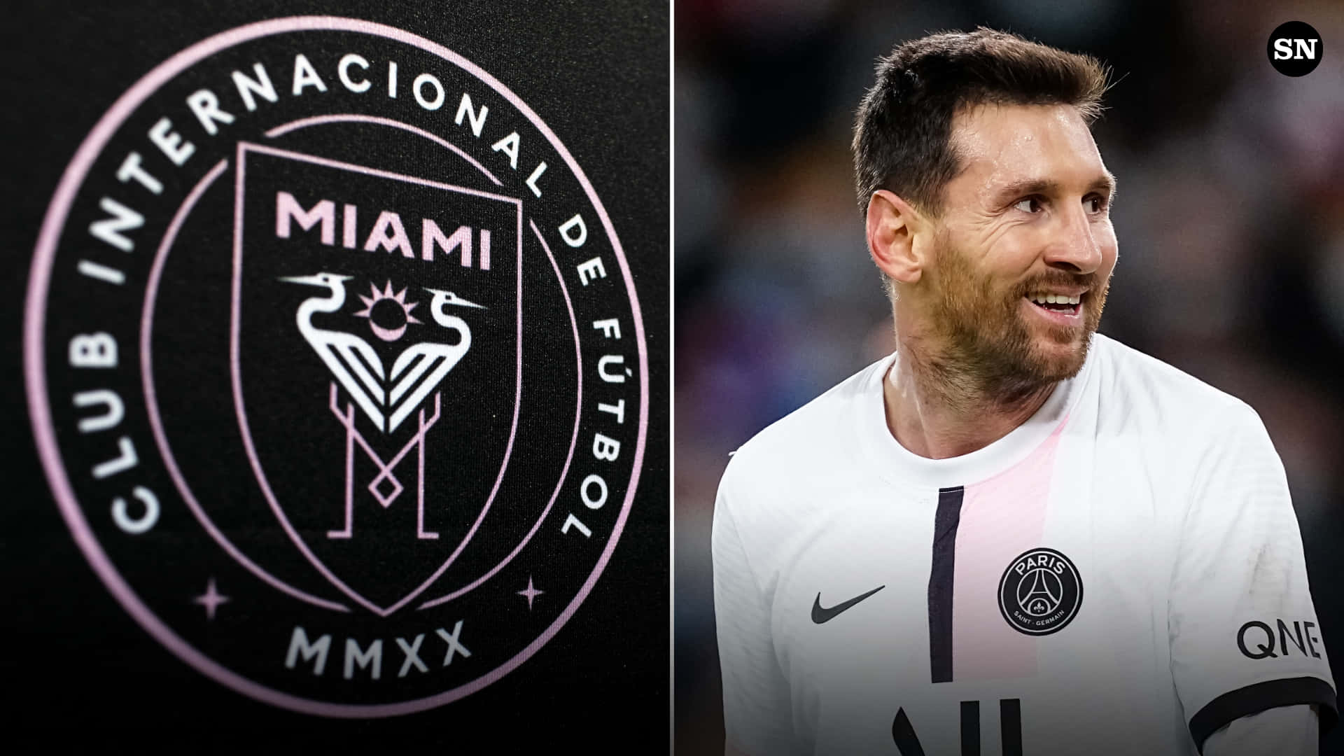 足球 桌布 壁紙 — 分割圖片顯示 Club Internacional de Fútbol Miami 標誌和身穿巴黎聖日耳曼球衣的 Lionel Messi。