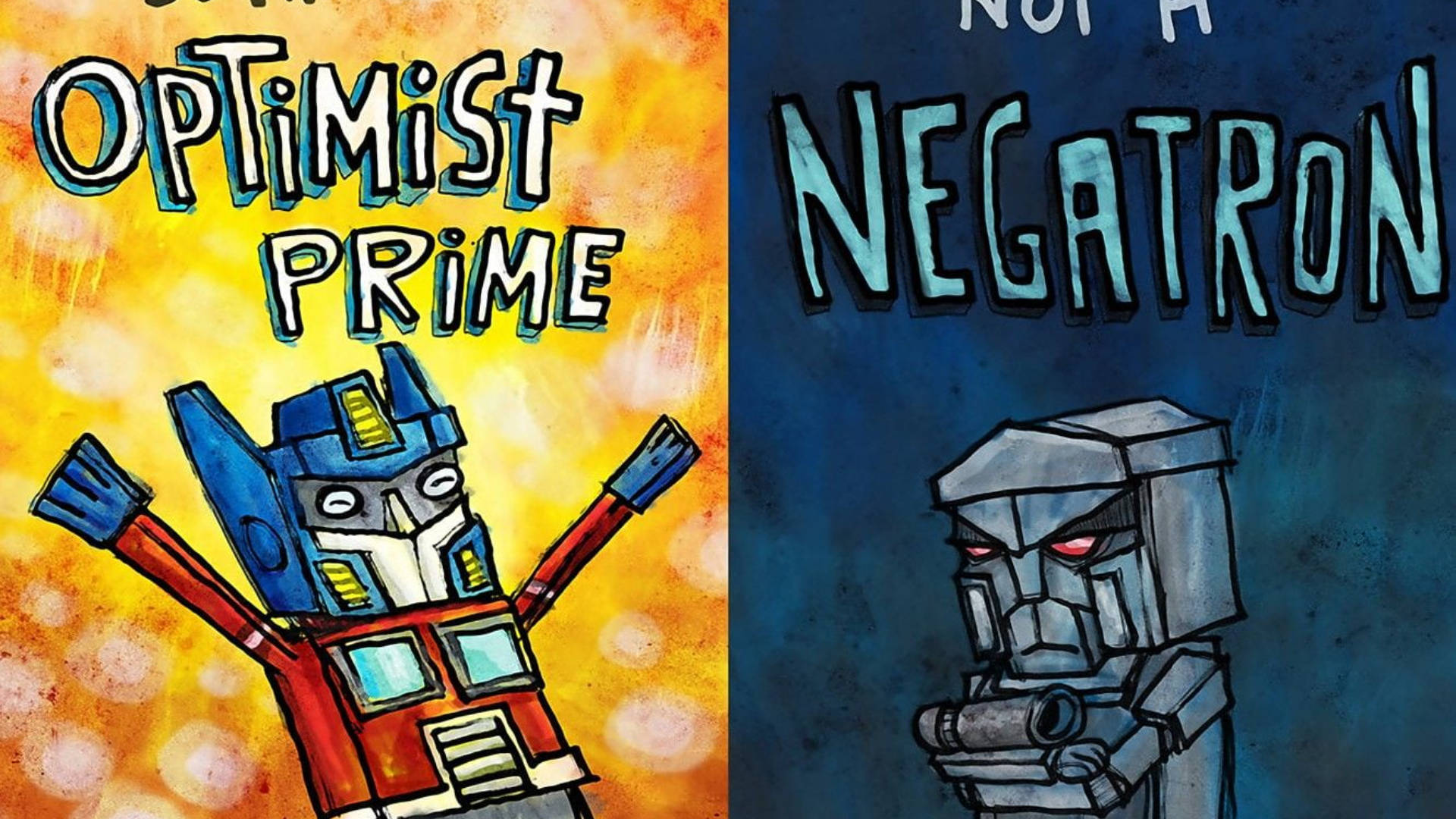 變形金剛 桌布 壁紙 — 分割圖片顯示 Optimus Prime 在明亮的黃色背景上舉起雙臂，以及 Negatron 在深藍色背景上發出紅光的眼睛。