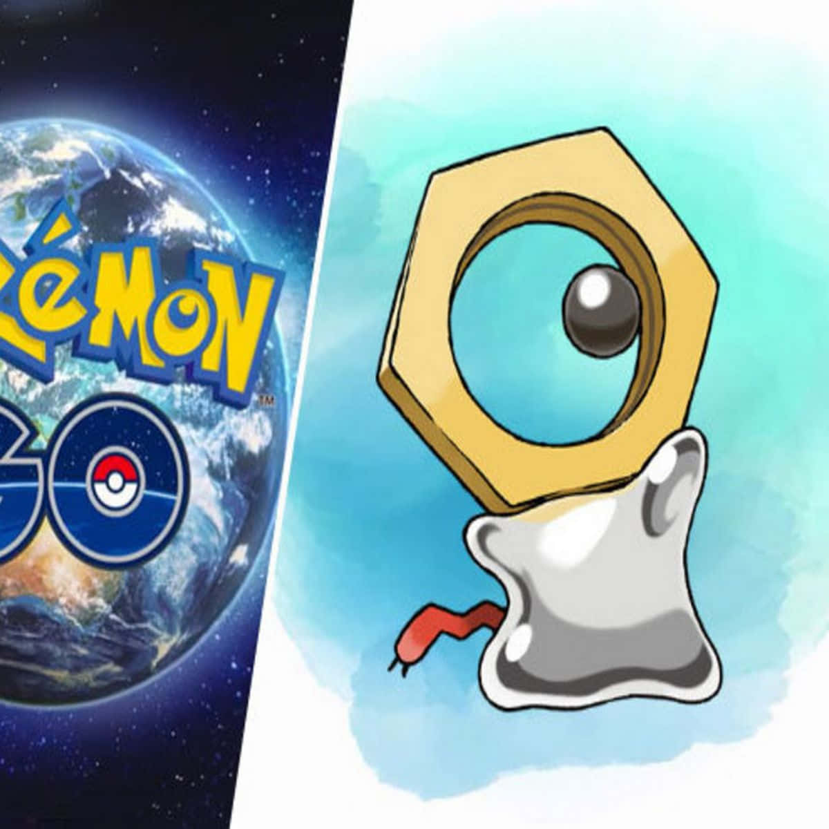 寶可夢 桌布 壁紙 — 分割圖片顯示 Pokémon GO 標誌在地球上方，以及擁有六角形眼睛的 Pokémon 耿鬼，背景為藍色水彩。