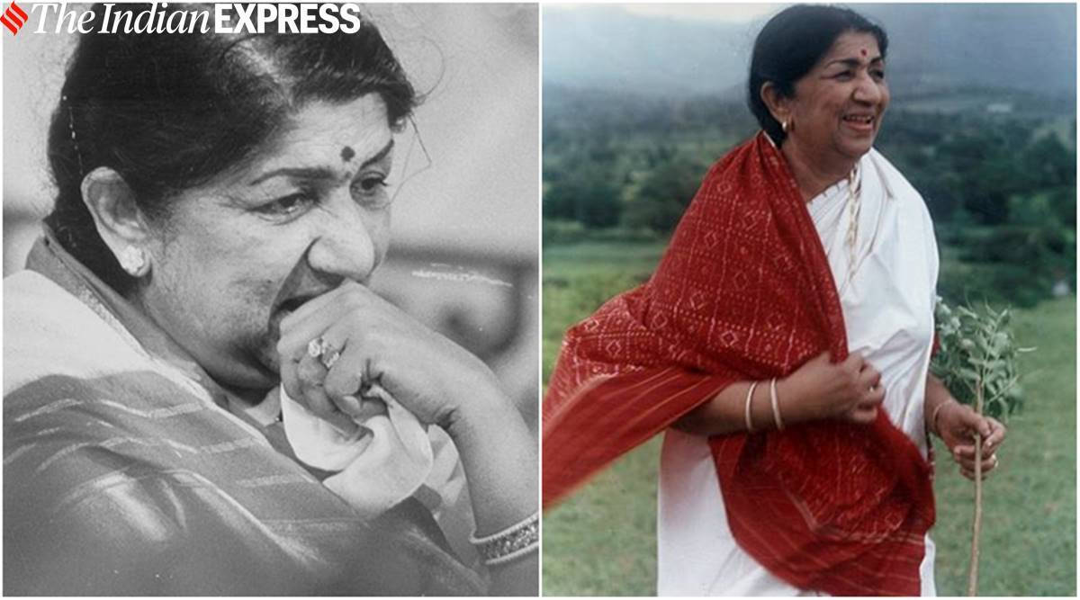 Lata Mangeshkar 桌布 壁紙 — 分割圖片顯示Lata Mangeshkar的黑白特寫和彩色照片，在戶外手持樹苗。