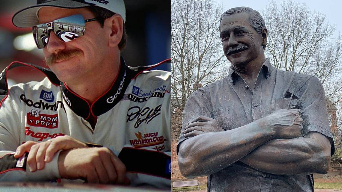 Sunglasses 桌布 壁紙 — 分割圖片顯示一位微笑的NASCAR車手穿著賽車裝備，旁邊是一座公園裡雙臂交叉的男性銅像。