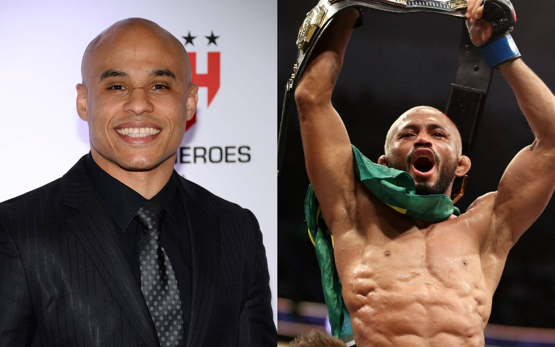 UFC 桌布 壁紙 — 分割圖片顯示一位微笑的西裝男子在活動中，以及一位勝利的拳擊手高舉冠軍腰帶。