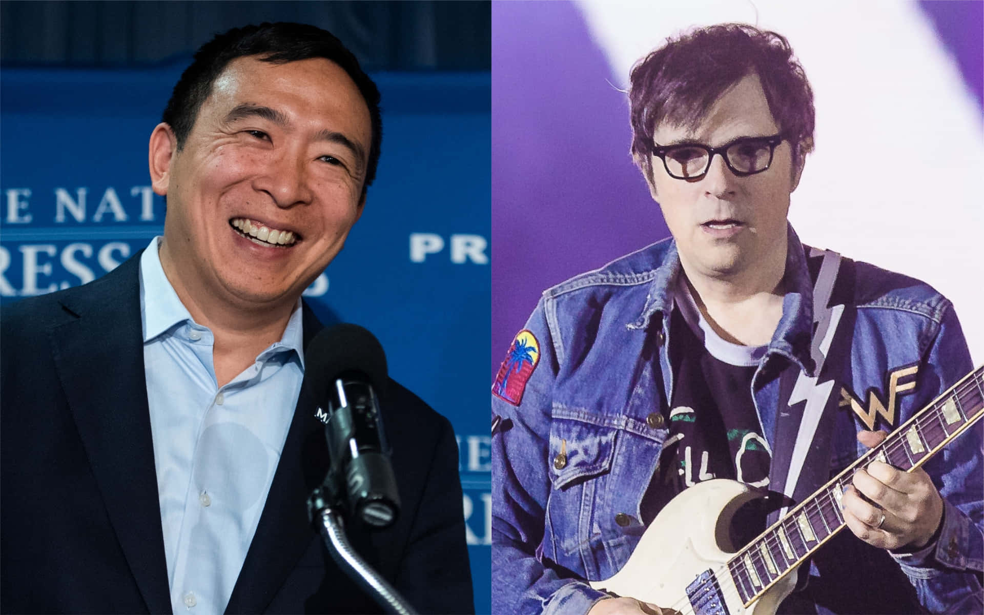 美國國旗 桌布 壁紙 — 分割圖片顯示一位微笑的西裝男子在記者會上，旁邊是一位穿著牛仔外套的音樂家正在彈奏白色電吉他。