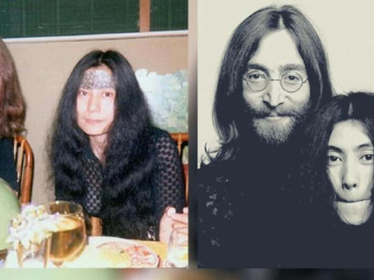 搞笑 桌布 壁紙 — 分割圖片顯示一位戴著閃亮頭帶的女性在餐桌旁，以及一張約翰·藍儂與小女孩的黑白照片。