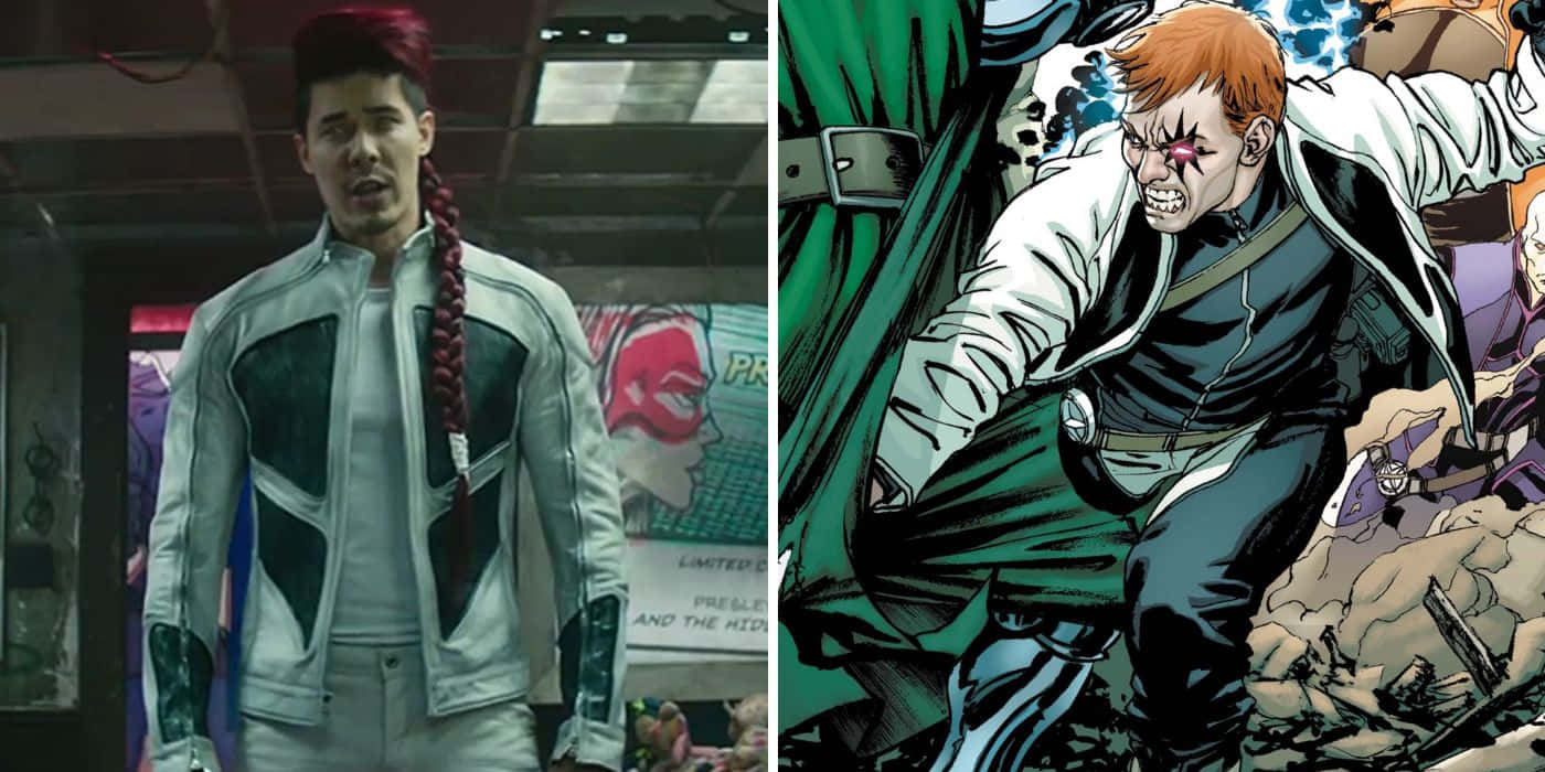 Shatterstar 桌布 壁紙 — 分割圖片顯示一位身穿白色外套、紅色辮子的真人男子，旁邊是一位漫畫風格的超級英雄，擁有紅色眼睛和綠色斗篷。