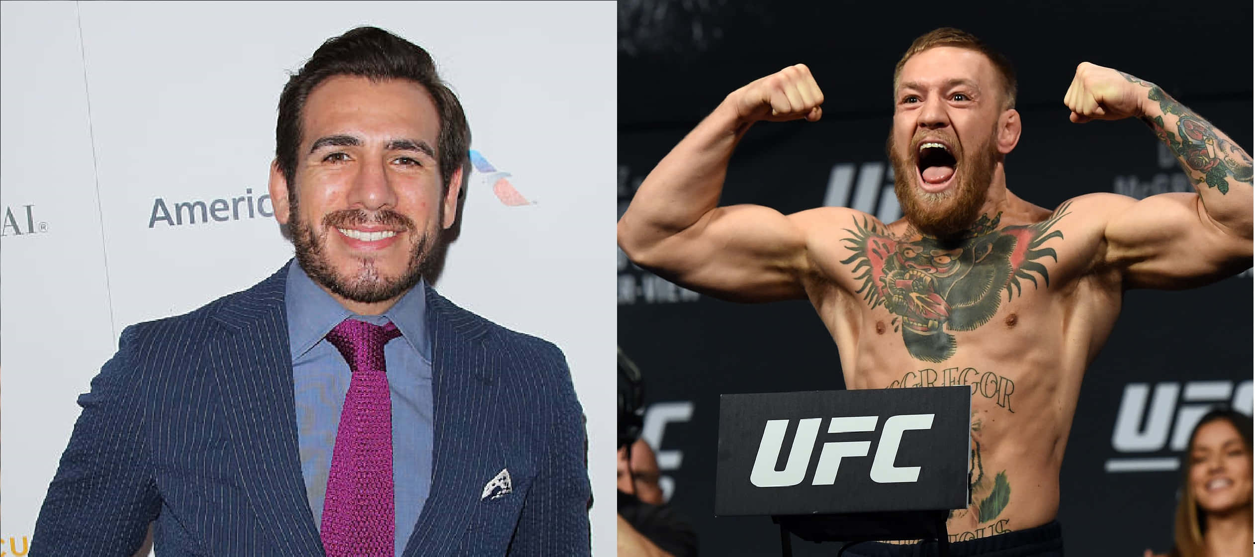 UFC 桌布 壁紙 — 分割圖片顯示一個微笑的男人穿著細條紋西裝，和一個紋身戰士在UFC活動中赤裸上身展示肌肉。