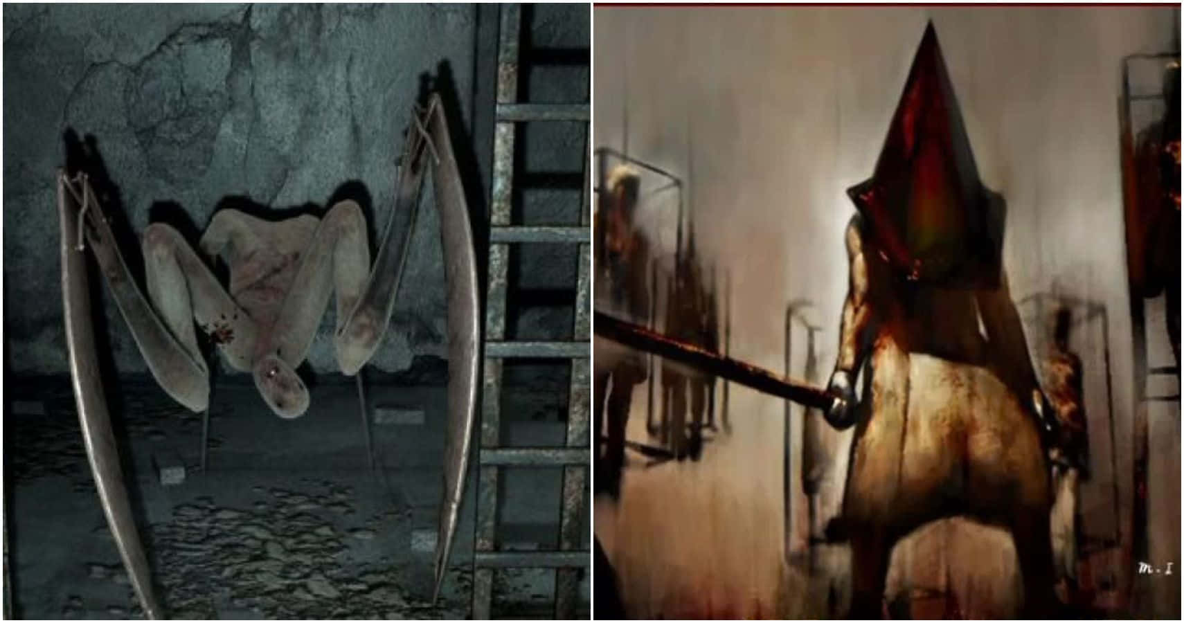 Silent Hill Characters 桌布 壁紙 — 分割圖片顯示一個怪誕的懸掛生物，四肢長長，旁邊有梯子，還有一個戴著紅色金字塔帽的兜帽人物在昏暗的走廊裡拿著武器。