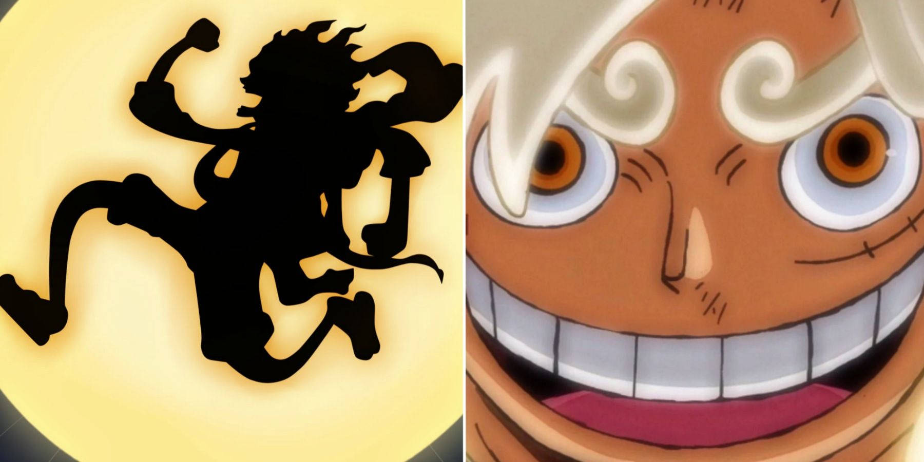 Sun God Nika 桌布 壁紙 — 分割圖片顯示一個肌肉發達人物的黑色剪影對著發光的黃色球體彎曲，旁邊是一個開心動漫角色的特寫，有大眼睛和露齒笑容。