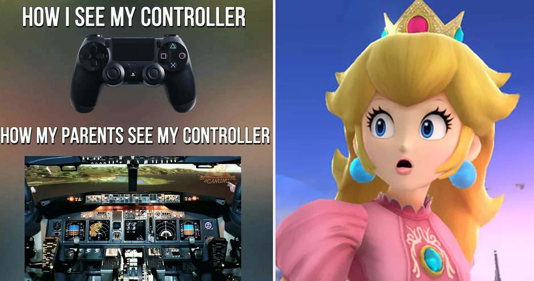 Gaming Memes 桌布 壁紙 — 分割圖片顯示一個遊戲控制器被模仿成駕駛艙，碧姬公主看起來很震驚。