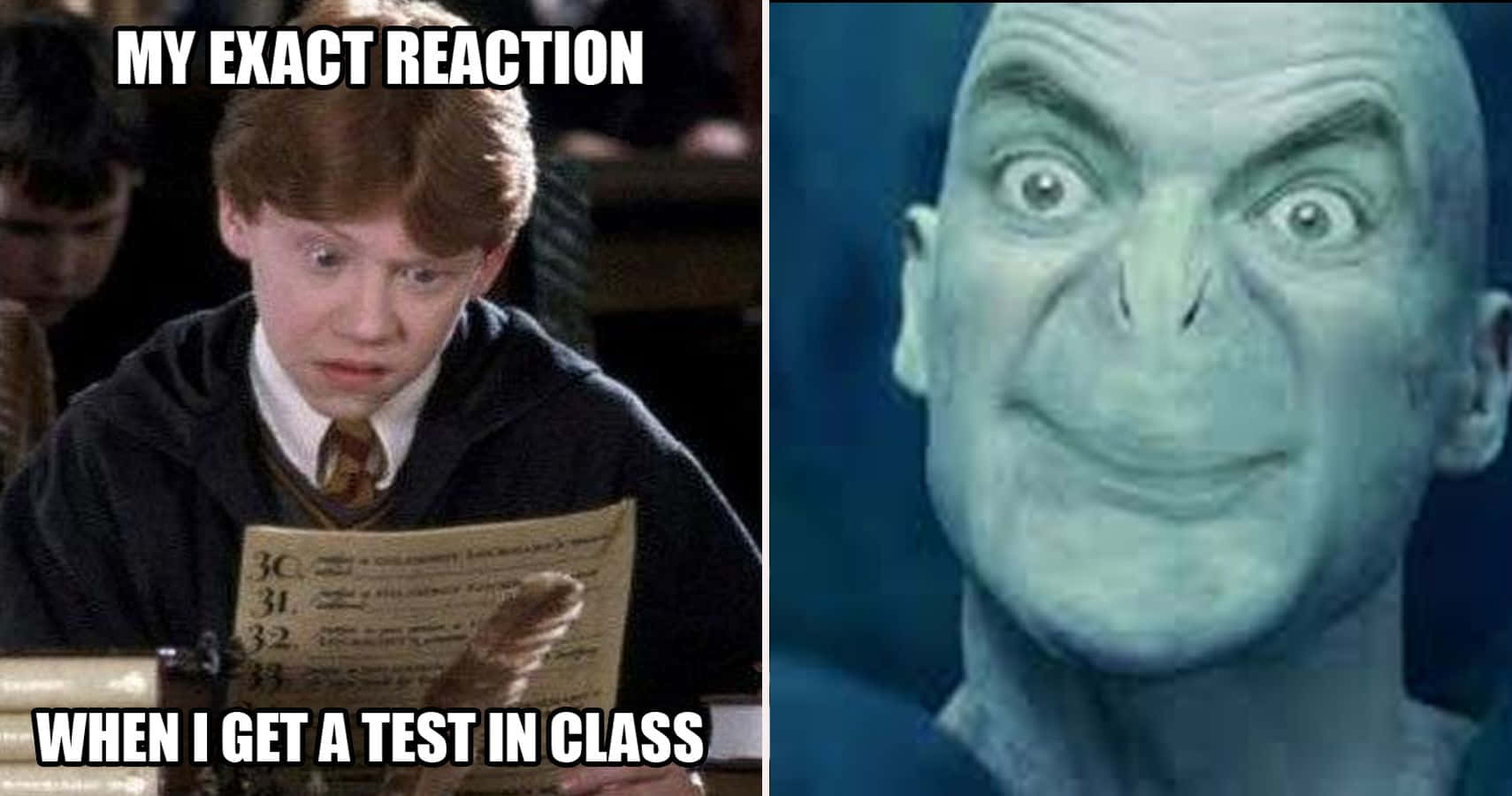 Ron Weasley 桌布 壁紙 — 分割圖片顯示一名學生在考試旁邊露出驚恐表情，旁邊是一個面色蒼白、皮膚呈綠色、眼睛睜大、露出邪惡笑容的男子特寫。