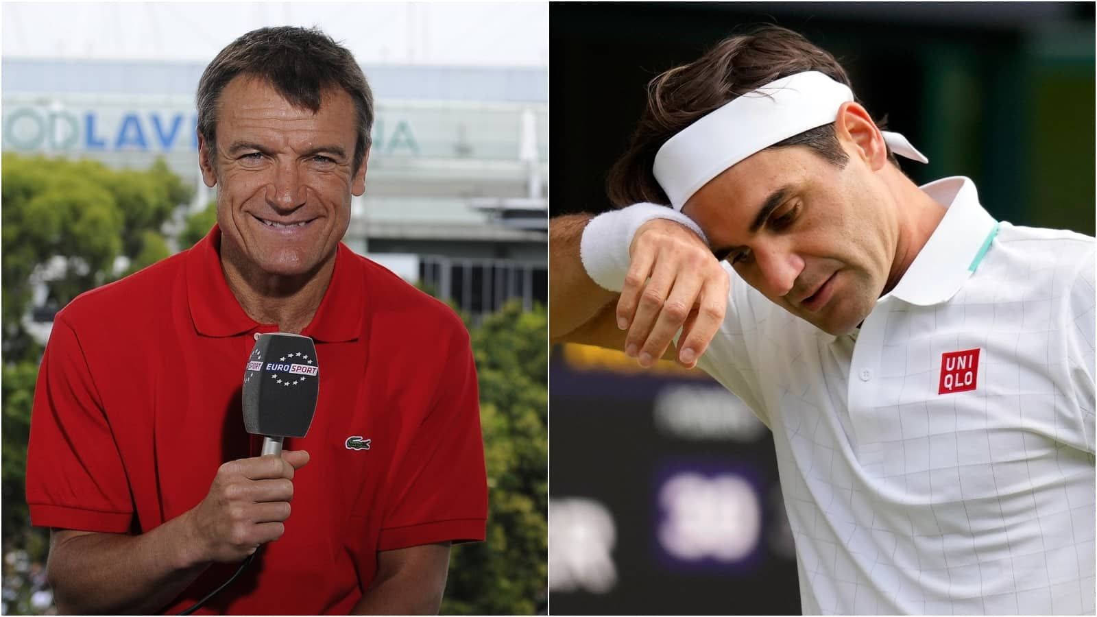 Tennis 桌布 壁紙 — 分割圖片顯示一名微笑的紅POLO衫男子拿著麥克風，旁邊是一名白襯衫網球選手在擦臉。