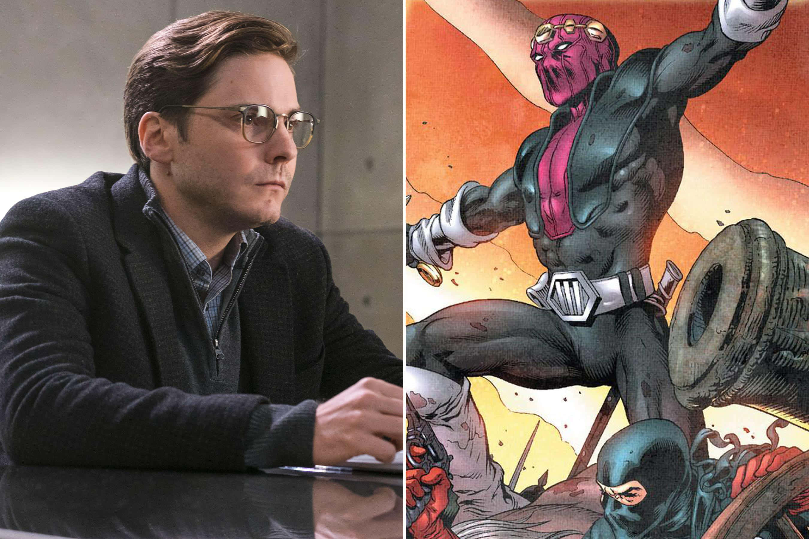 Baron Zemo 桌布 壁紙 — 分割圖片顯示一名戴眼鏡的男子在書桌旁，旁邊有一位漫畫超級英雄擺出動態戰鬥姿勢。