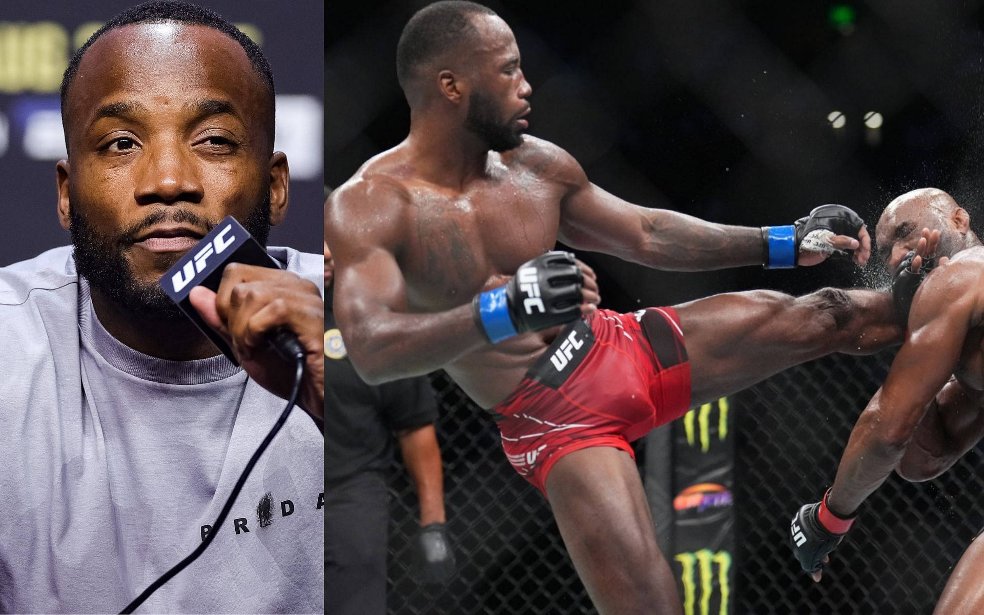 MMA 桌布 壁紙 — 分割圖片顯示一名拳手在籠鬥比賽中對著UFC麥克風說話，旁邊是一個動態踢擊。