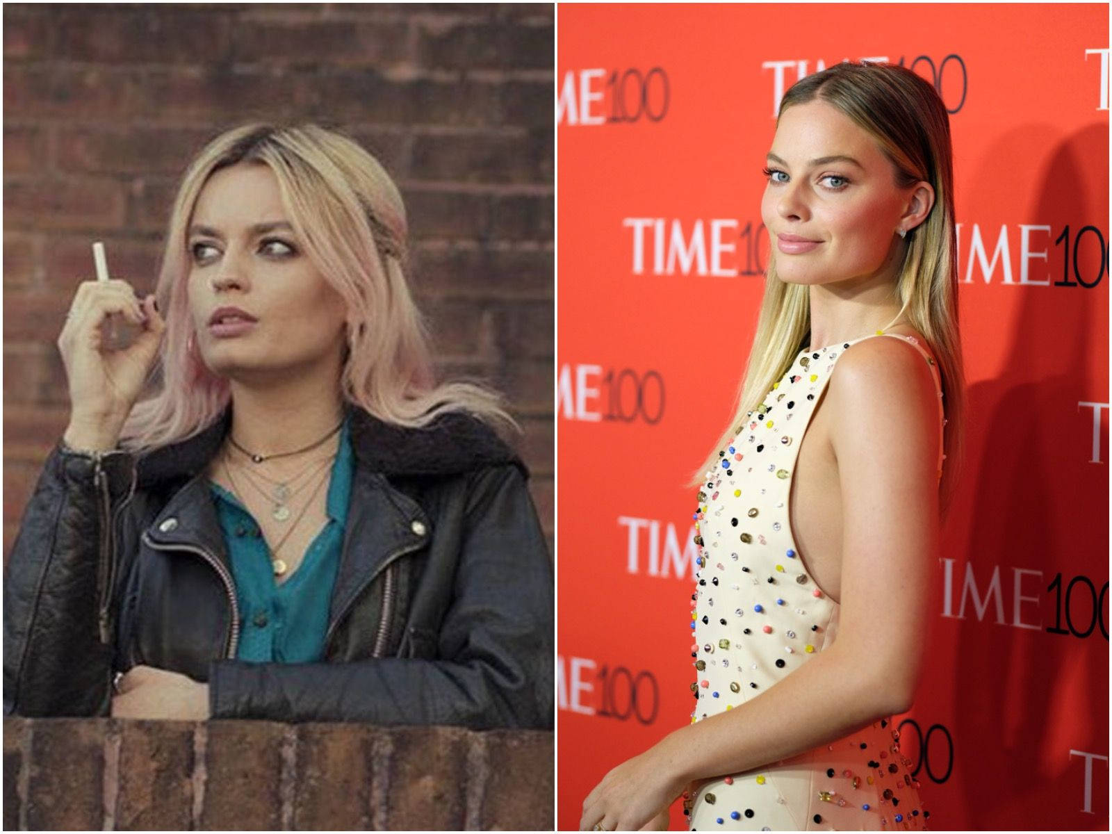 maeve wiley 桌布 壁紙 — 分割圖片顯示一名穿著皮夾克的女性靠著磚牆手持香煙，另一名穿著珠飾連衣裙的女性在紅色TIME100活動背景前擺姿勢。