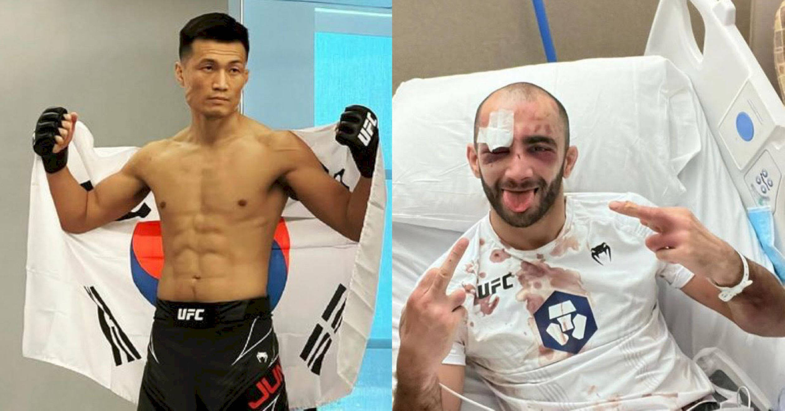 Champion 桌布 壁紙 — 分割圖片顯示一名肌肉發達的戰士自豪地舉著韓國國旗，旁邊是一名瘀傷的戰士在醫院病床上做出和平手勢。