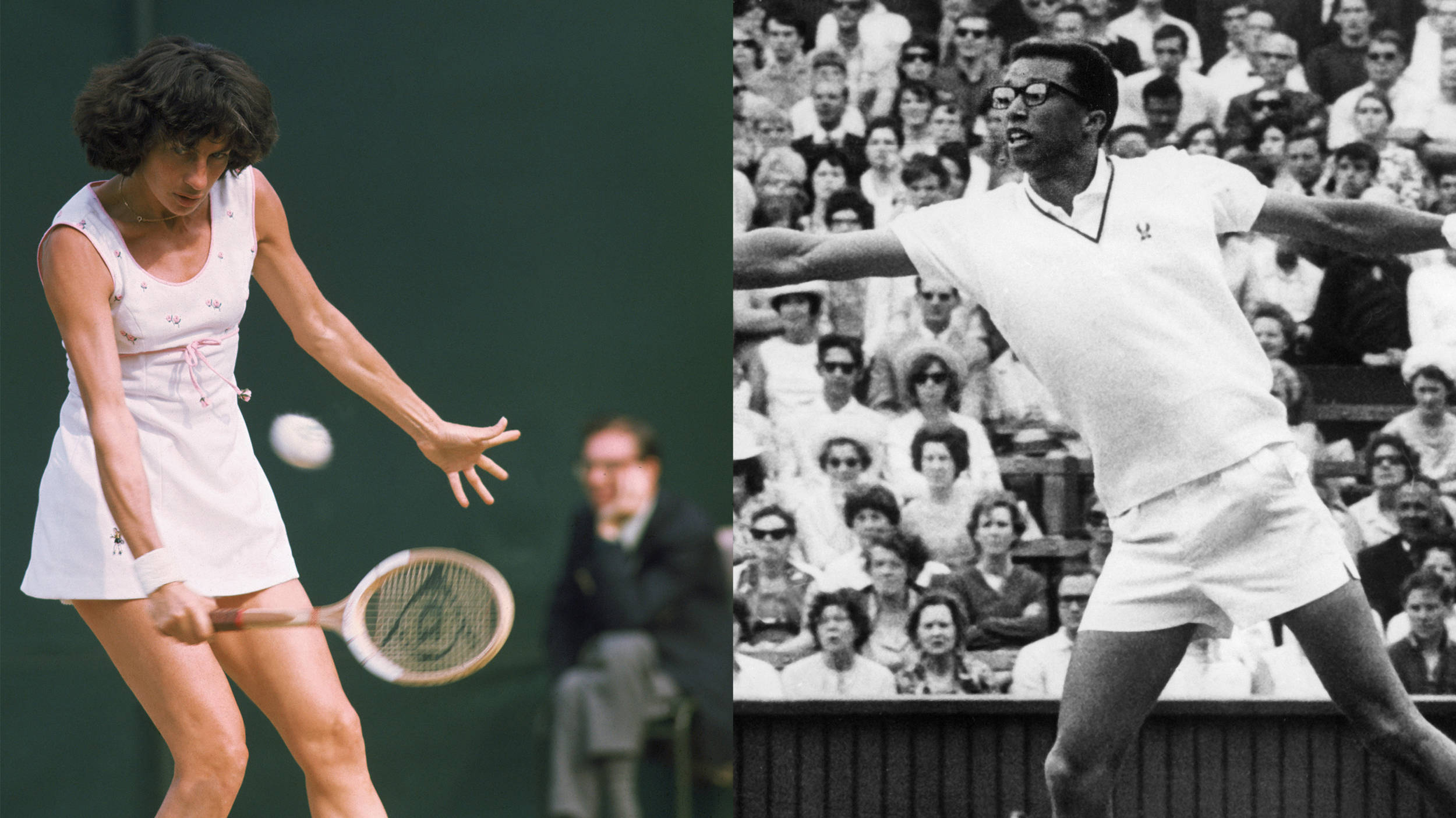 Tennis 桌布 壁紙 — 分割圖片顯示一名身穿白色的女網球選手在擠滿觀眾的體育館中，對一名身穿白色的男網球選手發球時擊球。