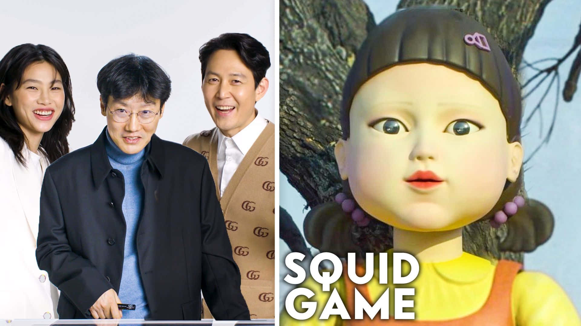 Characters 桌布 壁紙 — 分割圖片顯示三位微笑的演員旁邊有一個來自魷魚遊戲的娃娃特寫，帶有紫色珠子和樹木背景。