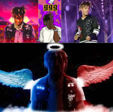 Juice WRLD 桌布 壁紙 — 分割圖片顯示上方三個年輕男子在鮮豔的霓虹燈環境中，下方一個帶有發光藍色和紅色翅膀的剪影人物。