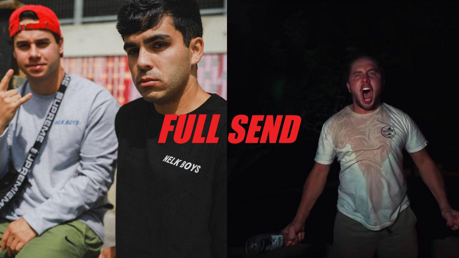 Full Send 桌布 壁紙 — 分割圖片顯示兩個男人，一個在白天冷靜，另一個在晚上瘋狂尖叫，並帶有粗體紅色文字 full send。